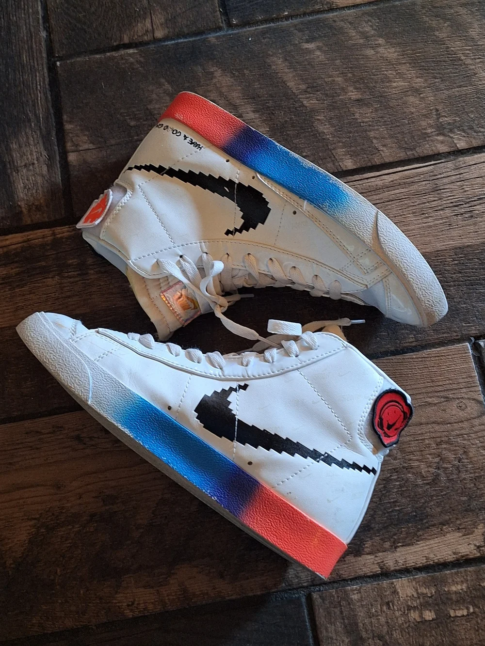 Nike Blazer Mid Pixel Swoosh White with Black and Gradient Red-Blue Midsole